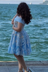 A-Line Light Blue Off The Shoulder Tulle Short Sleeve Prom Evening Dresses with Appliques